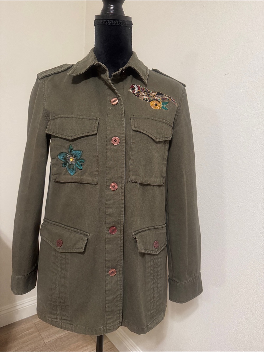 Zara Olive Green Embroidered Utility Jacket